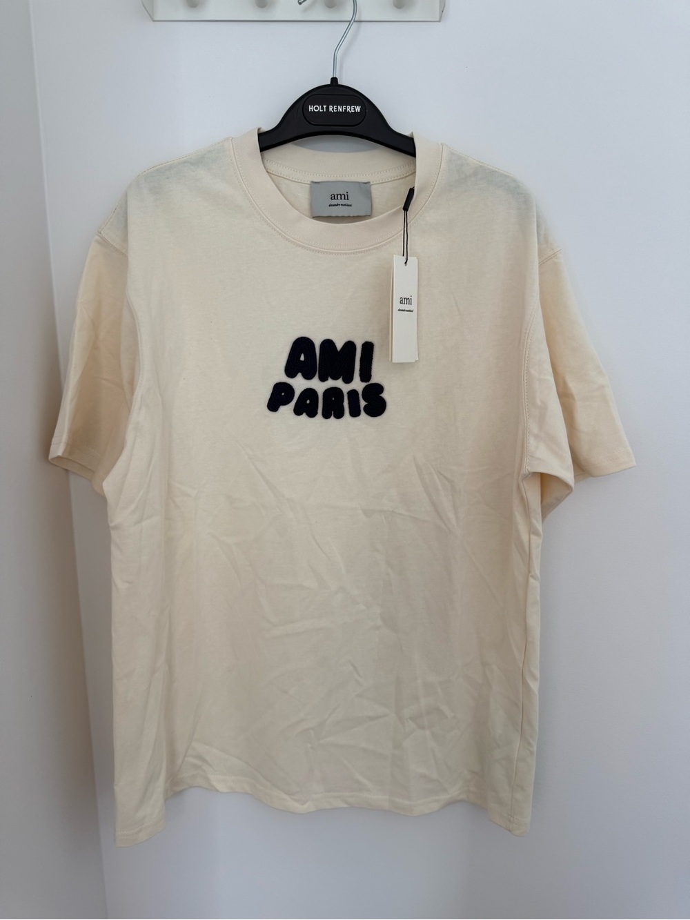 AMI Paris Beige Embroidered Logo T-Shirt – Size M Unisex